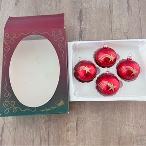 Vintage 4 PCs Hand Blown Hand Decorated Ornaments - Red With Gold Shooting Stars